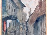 painting of a narrow street in a city with buildings on either side of it