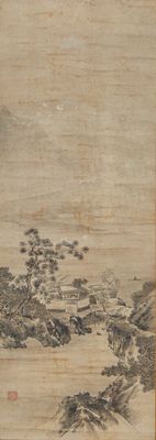 JAPON - XIXe siècle Encre sur papier, paysage lacustre de ma…