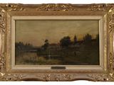 an image of a painting of a river scene with a boat in the water