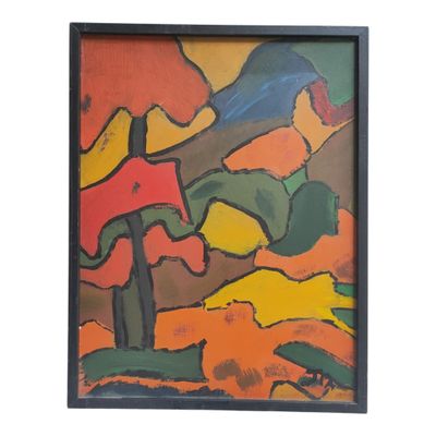 une image représentant un tableau représentant un paysage coloré avec des arbres