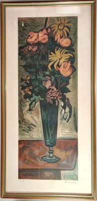 painting of a vase of flowers on a table with a wall in the background