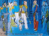 a painting of a group of people standing in front of a building