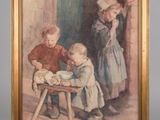an image of a painting of two children playing with a teddy bear