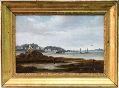 une image représentant une peinture d'une scène de plage avec des bateaux dans l'eau