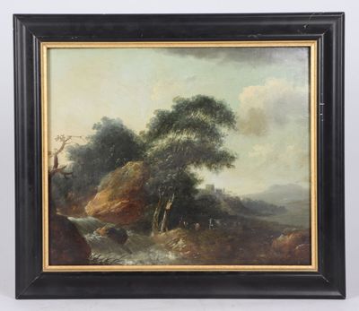 peinture d'un paysage avec une rivière et des arbres au premier plan