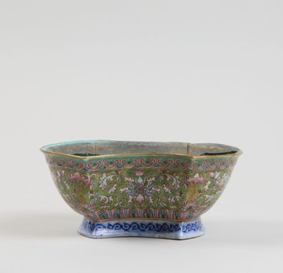 a close up of a bowl on a table with a white background
