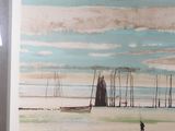 a painting of a man walking on the beach with boats in the background