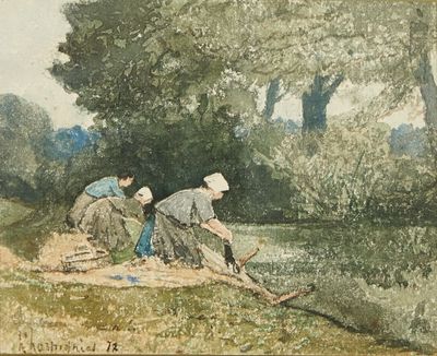 deux femmes qui travaillent dans l'herbe au bord de l'eau