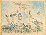 drawing of a group of people on a hill with a sky background
