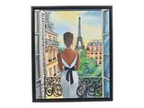 painting of a woman in a white dress looking out a window at the eiffel tower