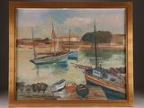 a painting of boats on the water in a wooden frame