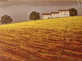 une photo d'un tableau représentant une ferme avec une maison en arrière-plan