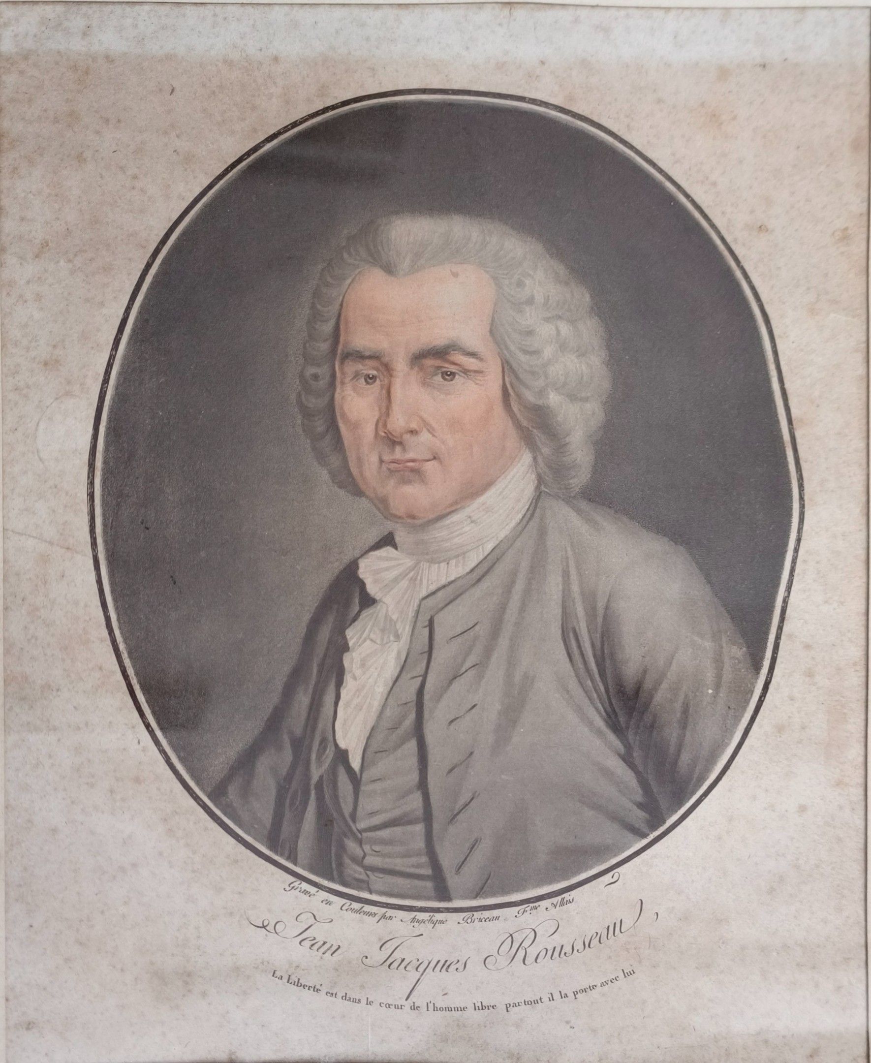 Jean-Jacques ROUSSEAU (). Une estampe en couleur gravée par Angélique BRISSEAU. A vue : 31,5 x 25,5 cm. On joint une ...