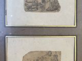 two framed drawings of a man and a woman in a garden
