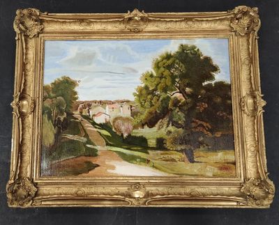 an oil painting of a landscape with a road and trees