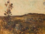 une image représentant un tableau de paysage avec un arbre au premier plan