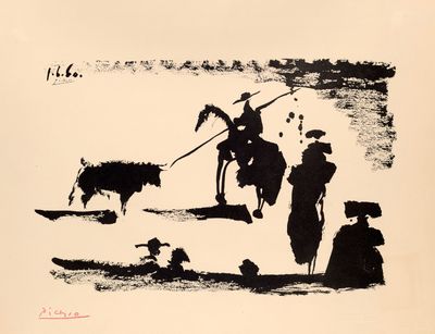 un dessin en noir et blanc représentant un homme à cheval et une vache