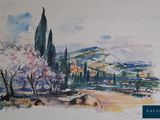 a watercolor painting of a landscape with trees and mountains