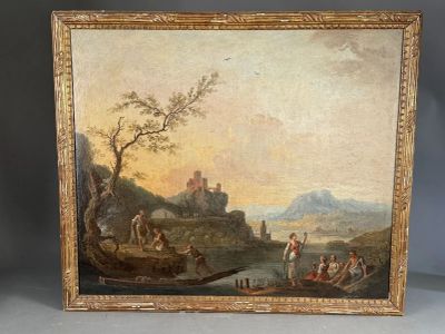 a painting of a river scene with figures in a boat