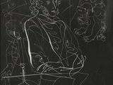 un dessin en noir et blanc représentant un homme assis à une table