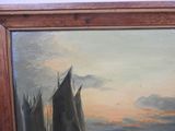 a painting of a sailboat on the water at sunset