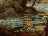 a painting of a deer and a deer running in the water