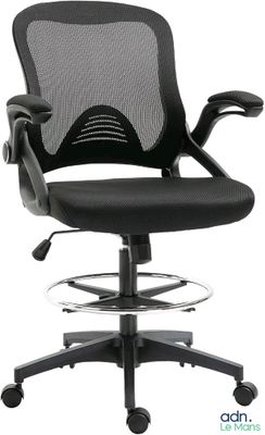 the office chair has a black mesh back and foot rest