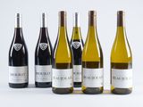 six bottles of wine are lined up on a white surface
