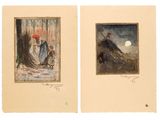 two paintings of a woman and a man walking in the rain