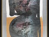 an abstract painting of a woman ' s torso in a black frame