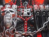 painting of a man dressed as dracula holding a sword and a skull