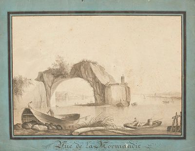tableau représentant un bateau sur un plan d'eau, avec un rocher en arrière-plan