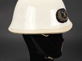 a close up of a white helmet on a mannequin head