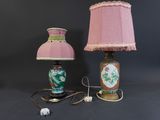 pair of pink lamps with a pink shade and a pink lamp with a pink shade