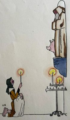 dessin représentant une femme allumant une bougie devant une statue