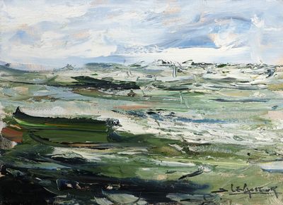 a painting of a boat in the water by the shore