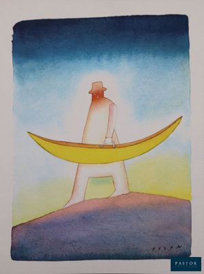 tableau représentant un homme debout au sommet d'une colline, tenant une banane