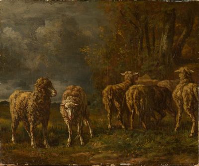 un tableau représentant un troupeau de moutons dans un champ