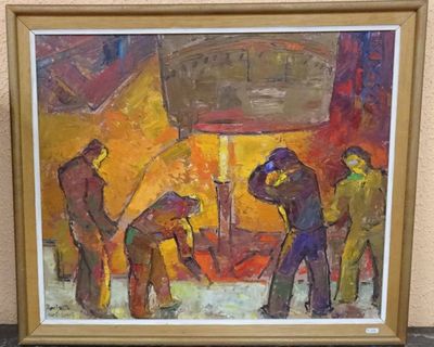 tableau représentant un groupe d'hommes travaillant à un coin de rue