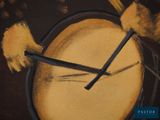 a painting of a clock with two hands on it