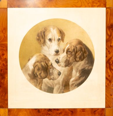 a painting of three dogs in a circle on the wall