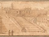 an old drawing of a large building with a clock tower in the background