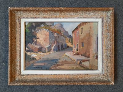 une peinture à l'huile représentant une rue d'un village, accrochée à un mur