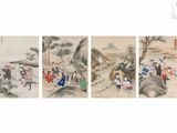 quatre peintures chinoises représentant des personnages et des animaux dans un paysage montagneux