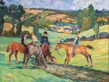 painting of a group of people riding horses in a field
