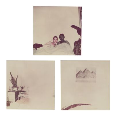 trois photos d'un homme et d'une femme allongés dans un lit avec un chat