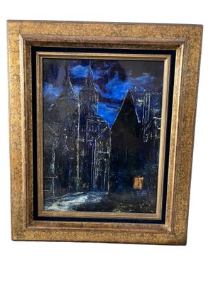 an oil painting of a church at night with a full moon in the sky