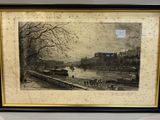 tableau représentant une scène fluviale avec des bateaux et des personnes sur l'eau