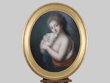 un tableau représentant une femme tenant un chat blanc