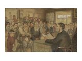 peinture d'un groupe de personnes assises autour d'une table dans une pièce